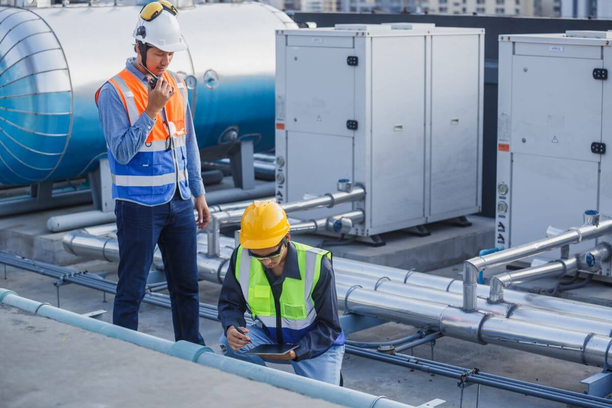 Flat Roof Inspectors discussing inspection on rooftop | Flat Roof Solutions